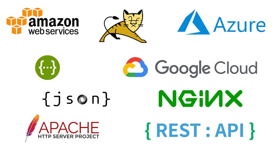 Amazon Web Services, Microsoft Azure, Google Cloud Platform, Apache Tomcat, Apache HTTP, NGINX, JSON, XML, Swagger, REST-API