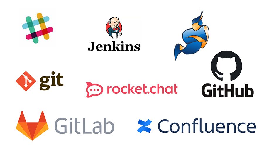 Jenkins, Git, GitLab, GitHub, Confluence, Slack, Jitsi, Rocket.Chat